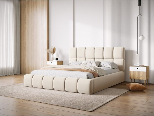 Krémová zamatová čalúnená dvojlôžková posteľ s úložným priestorom s roštom 180x200 cm Bellis – Micadoni
