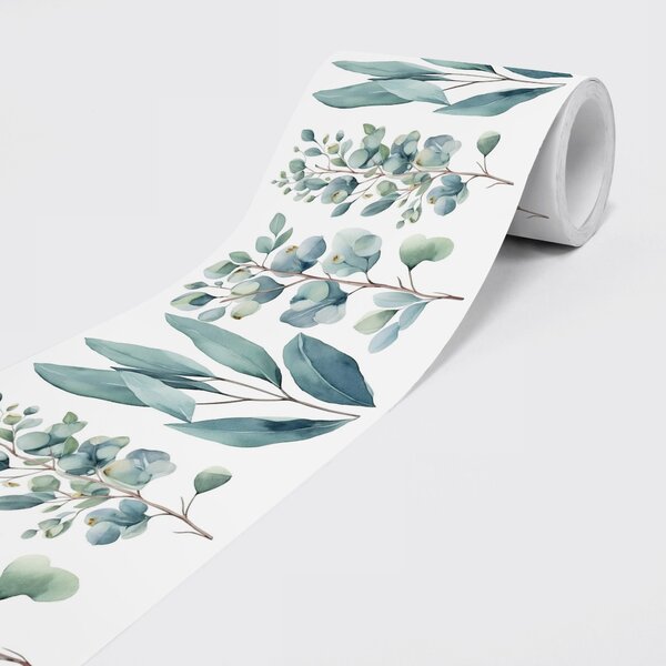 DIMEX | Vliesová samolepiaca bordúra Eukalyptus SBD-15-002 | 15 cm x 5 m | biela, zelená, tyrkysová