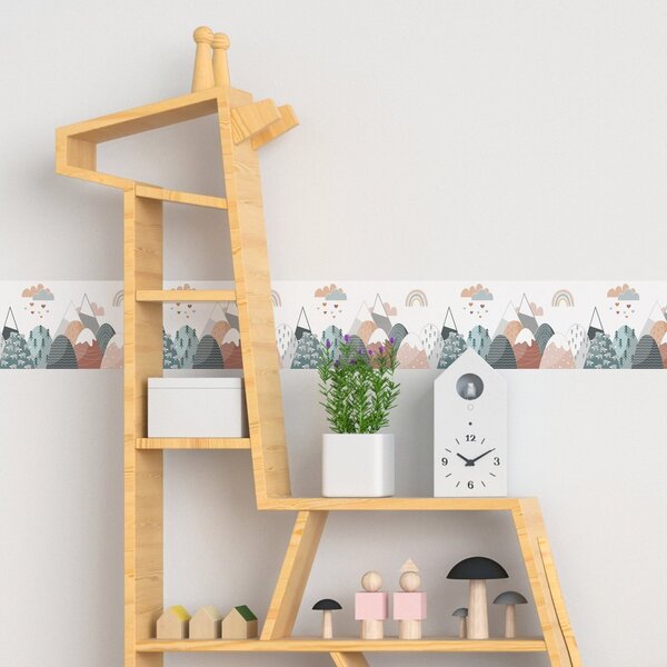 DIMEX | Vliesová samolepiaca bordúra Detské hory SBD-15-012 | 15 cm x 5 m | biela, ružová, modrá