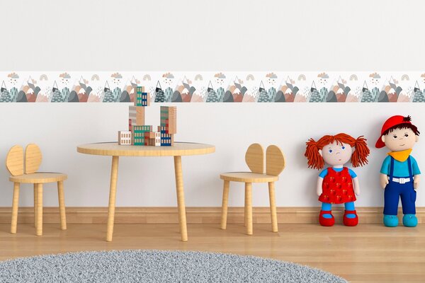 DIMEX | Vliesová samolepiaca bordúra Detské hory SBD-15-012 | 15 cm x 5 m | biela, ružová, modrá