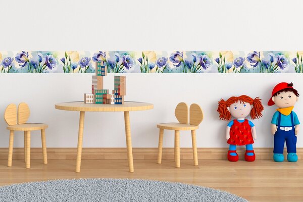 DIMEX | Vliesová samolepiaca bordúra Akvarelové kvety SBD-15-003 | 15 cm x 5 m | fialová, žltá, zelená, viacfarebná