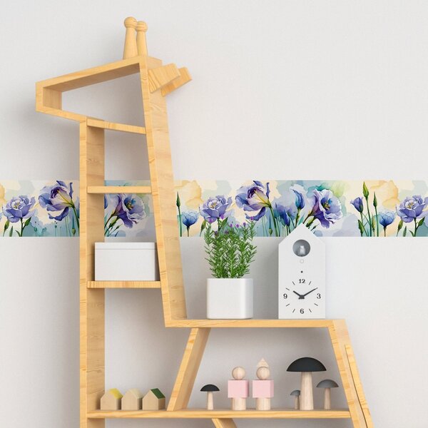 DIMEX | Vliesová samolepiaca bordúra Akvarelové kvety SBD-15-003 | 15 cm x 5 m | fialová, žltá, zelená, viacfarebná