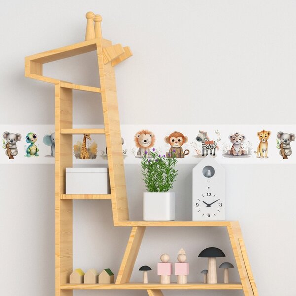 DIMEX | Vliesová samolepiaca bordúra Zvieratká SBD-15-009 | 15 cm x 5 m | biela, viacfarebná