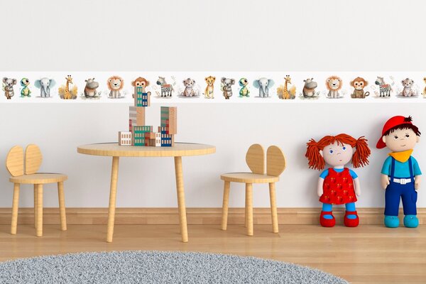 DIMEX | Vliesová samolepiaca bordúra Zvieratká SBD-15-009 | 15 cm x 5 m | biela, viacfarebná