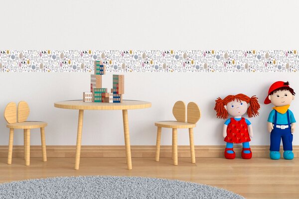 DIMEX | Vliesová samolepiaca bordúra Lesné zvieratká SBD-15-006 | 15 cm x 5 m | biela, čierna, ružová, modrá, žltá, béžová