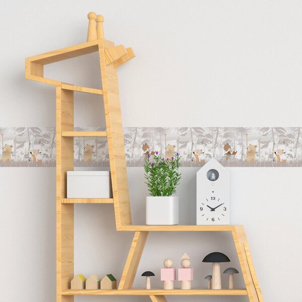 DIMEX | Vliesová samolepiaca bordúra Medvedíky a líšky SBD-15-007 | 15 cm x 5 m | krémová, béžová, hnedá, šedá