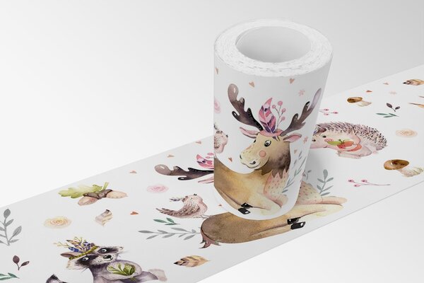 DIMEX | Vliesová samolepiaca bordúra Lesní kamaráti SBD-15-008 | 15 cm x 5 m | biela, viacfarebná, hnedá