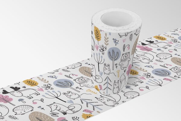 DIMEX | Vliesová samolepiaca bordúra Lesné zvieratká SBD-15-006 | 15 cm x 5 m | biela, čierna, ružová, modrá, žltá, béžová