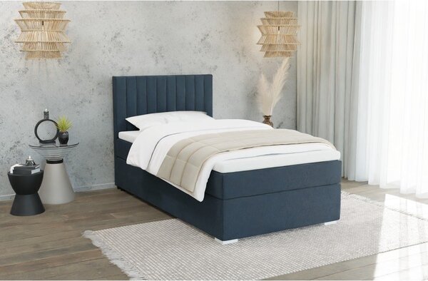 Tmavomodrá čalúnená jednolôžková posteľ s úložným priestorom s roštom 90x200 cm Bunny – Ropez