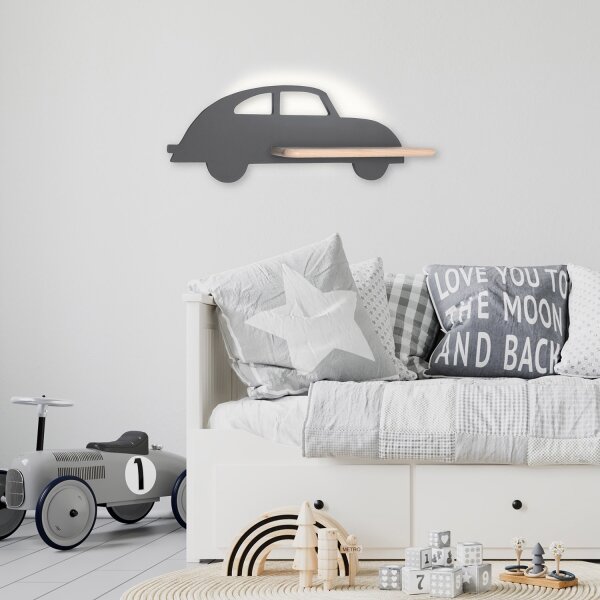 LED Detské nástenné svietidlo s poličkou CAR LED/5W/230V šedá/drevo