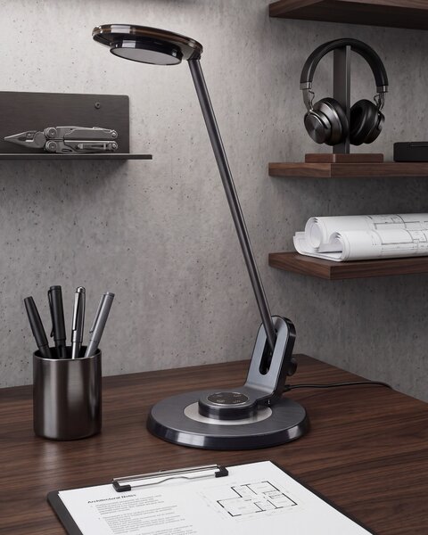 LED stolová lampa čierna a strieborná kovová kancelárska lampa s nastaviteľným ramenom a stmievačom USB port