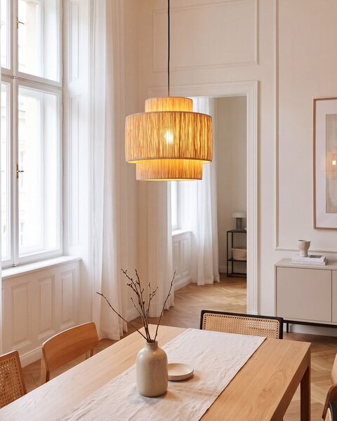 Závesná lampa prírodná z palmových listov rafia svietidlo do interiéru v boho štýle