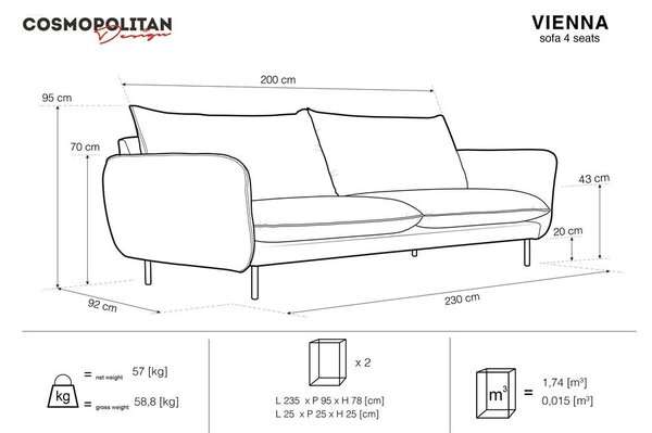 Svetlosivá pohovka Cosmopolitan Design Vienna, 230 cm