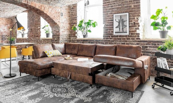 Hnedá rozkladacia pohovka do "U" z imitácie kože Miuform Lofty Lilly Vintage, ľavý roh