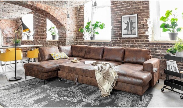 Hnedá rozkladacia pohovka do "U" z imitácie kože Miuform Lofty Lilly Vintage, ľavý roh