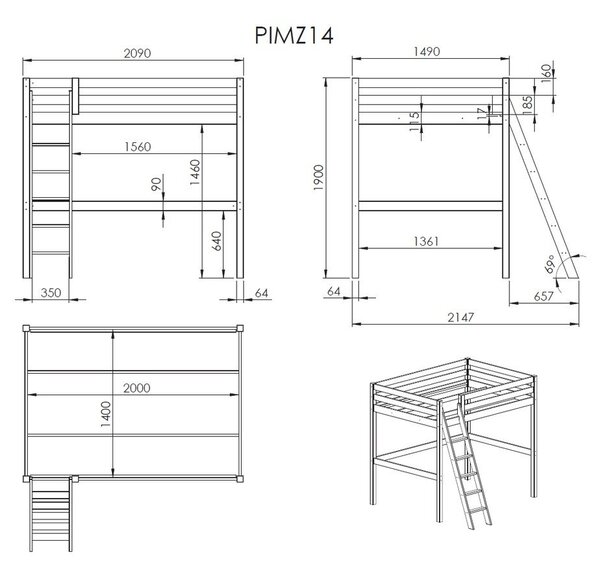Biela detská posteľ s rebríkom Vipack Pino, 140 × 200 cm