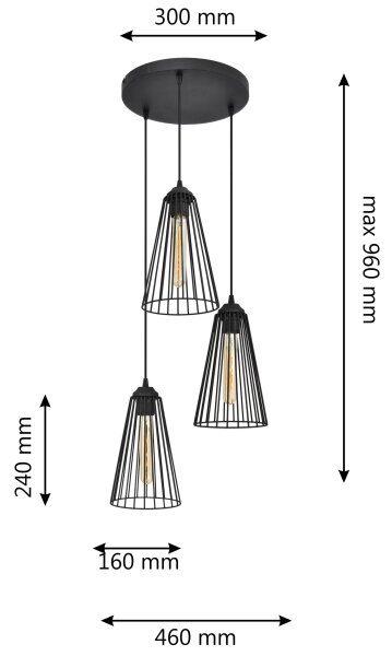 Luster na lanku TORRI 3xE27/15W/230V čierna