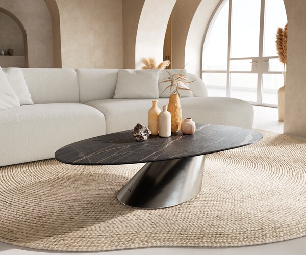 DELIFE Konferenčný stolík Edge oválny 140x75 cm keramika Laminam® Noir Desir hnedá Conis nerezová oceľ kefovaná