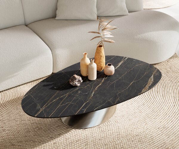 DELIFE Konferenčný stolík Edge oválny 140x75 cm keramika Laminam® Noir Desir hnedá Conis nerezová oceľ kefovaná