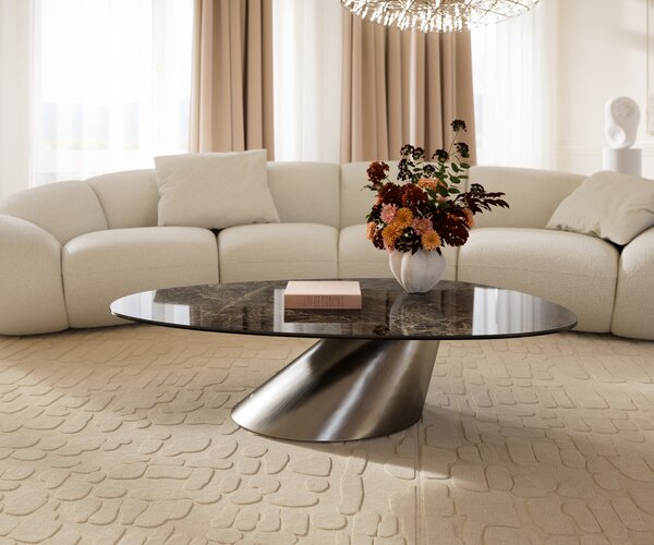 DELIFE Konferenčný stolík Edge oválny 140x75 cm keramika Laminam® Emperador Extra Lucidato tmavohnedá konický nerezová oceľ kefovaná