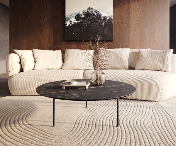 DELIFE Konferenčný stolík Edge okrúhly 100x100 cm keramika Laminam® Noir Desir hnedá Trive kov čierna