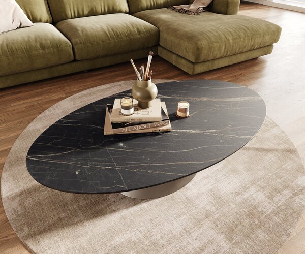 DELIFE Konferenčný stolík Edge oválny 140x80 cm keramika Laminam® Noir Desir hnedá Conis nerezová oceľ kefovaná