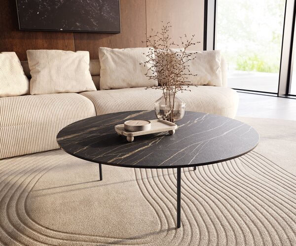 DELIFE Konferenčný stolík Edge okrúhly 100x100 cm keramika Laminam® Noir Desir hnedá Trive kov čierna