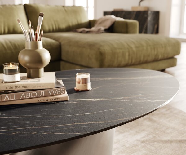 DELIFE Konferenčný stolík Edge oválny 140x80 cm keramika Laminam® Noir Desir hnedá Conis nerezová oceľ kefovaná