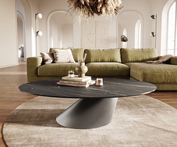 DELIFE Konferenčný stolík Edge oválny 140x80 cm keramika Laminam® Noir Desir hnedá Conis nerezová oceľ kefovaná