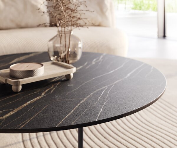 DELIFE Konferenčný stolík Edge okrúhly 100x100 cm keramika Laminam® Noir Desir hnedá Trive kov čierna
