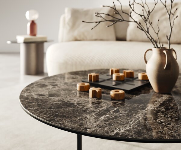 DELIFE Konferenčný stolík Edge okrúhly 90x90 cm keramika Laminam® Emperador Extra Lucidato tmavohnedá Trive kov čierna