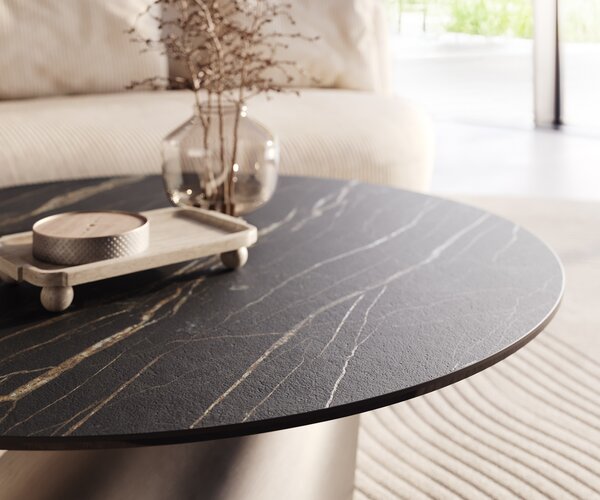 DELIFE Konferenčný stolík Edge okrúhly 100x100 cm keramika Laminam® Noir Desir hnedá konis nerezová oceľ kefovaná