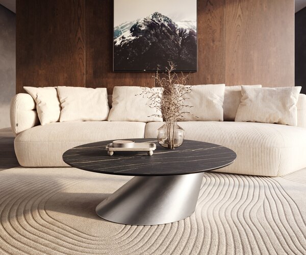 DELIFE Konferenčný stolík Edge okrúhly 100x100 cm keramika Laminam® Noir Desir hnedá konis nerezová oceľ kefovaná