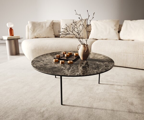 DELIFE Konferenčný stolík Edge okrúhly 90x90 cm keramika Laminam® Emperador Extra Lucidato tmavohnedá Trive kov čierna