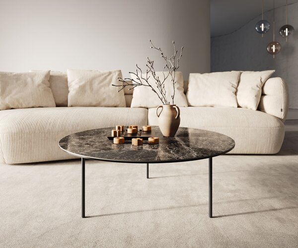 DELIFE Konferenčný stolík Edge okrúhly 90x90 cm keramika Laminam® Emperador Extra Lucidato tmavohnedá Trive kov čierna