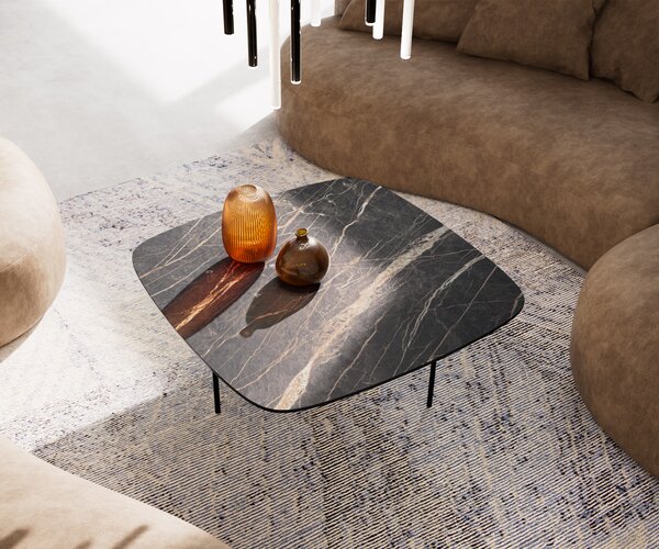 DELIFE Konferenčný stolík Edge zaoblený tvar 90x90 cm keramika Laminam® Noir Desir hnedá Trive kov čierna