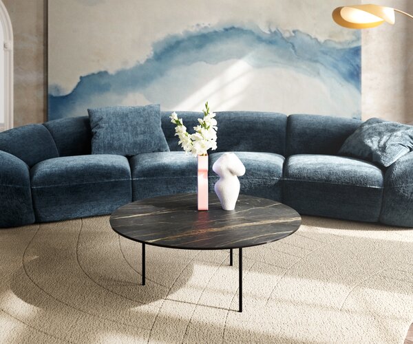 DELIFE Konferenčný stolík Edge okrúhly 90x90 cm keramika Laminam® Noir Desir hnedá Trive kov čierna