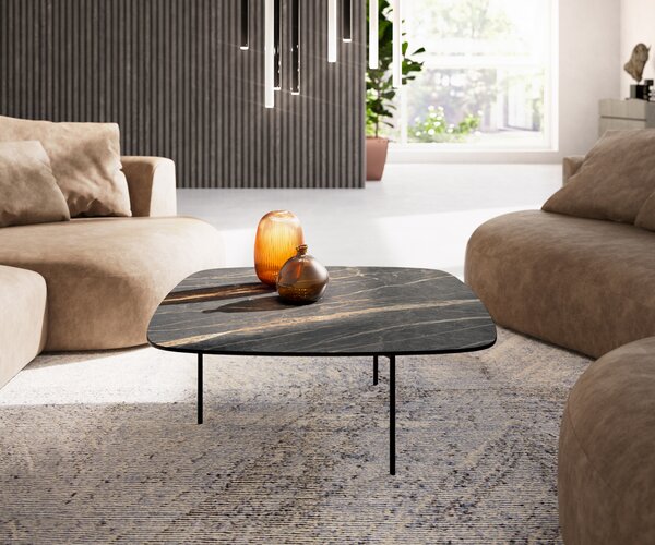 DELIFE Konferenčný stolík Edge zaoblený tvar 90x90 cm keramika Laminam® Noir Desir hnedá Trive kov čierna
