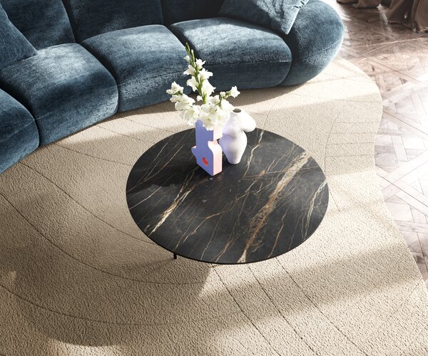 DELIFE Konferenčný stolík Edge okrúhly 90x90 cm keramika Laminam® Noir Desir hnedá Trive kov čierna