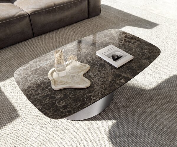 DELIFE Konferenčný stolík Edge zaoblený 120x70 cm keramika Laminam® Emperador Extra Lucidato tmavohnedá konická nerezová oceľ kefovaná