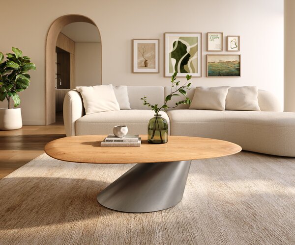 DELIFE Konferenčný stolík Edge oválny 140x75 cm dub prírodný zaoblená hrana Conis nerezová oceľ kefovaná