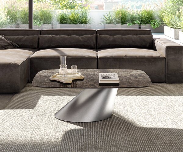 DELIFE Konferenčný stolík Edge zaoblený 120x70 cm keramika Laminam® Emperador Extra Lucidato tmavohnedá konická nerezová oceľ kefovaná
