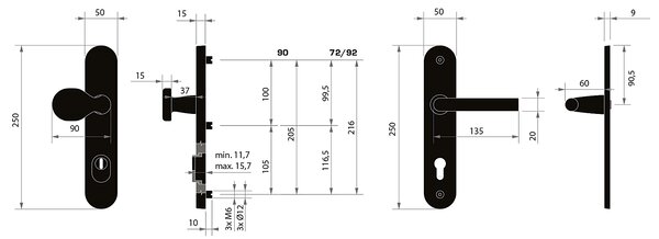Bezpečnostné kovanie MP MPK - SECURO A01 PLUS - SO M1 FAVORIT (F9 - Nerez elox) - s prekrytkou, madlo/klika, Otvor na cylindrickú vložku PZ, MP F9 (hliník nerez), 72 mm