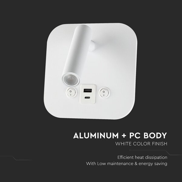 LED nástenné bodové svietidlo s USB portom LED/8W/230V 3000K biela