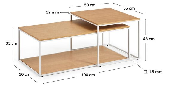 Konferenčné stolíky v súprave vo svetloprírodnej farbe 2 ks s doskou v dubovom dekore 50x100 cm Yoana – Kave Home