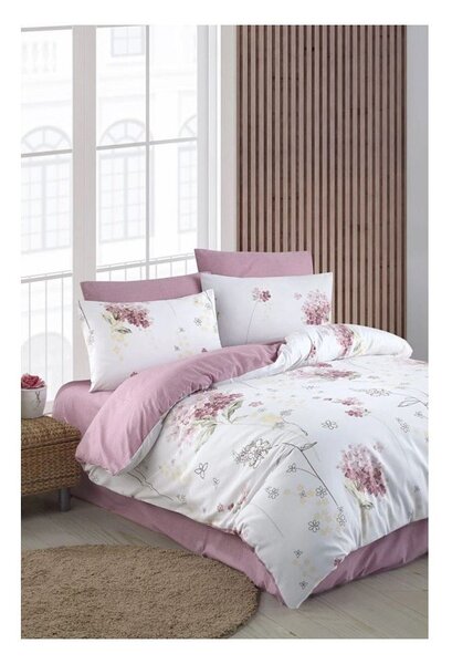 Bielo-ružové 4-dielne predĺžené obliečky na dvojlôžko s plachtou 200x220 cm Floral – Mila Home