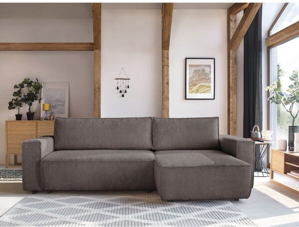 Taupe menčestrová rozkladacia/s úložným priestorom rohová pohovka Nihad – Bobochic Paris