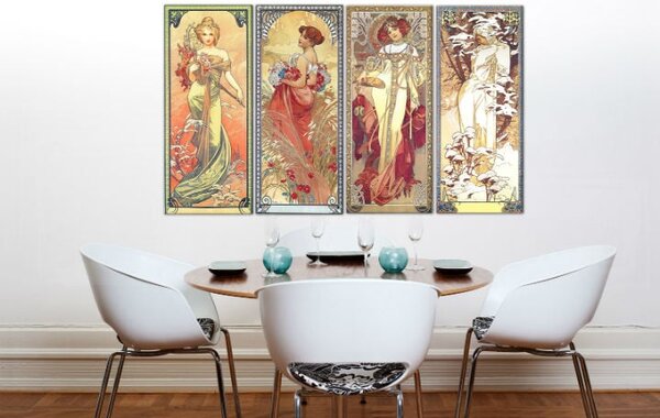 Obraz na plátne ŠTYRI ROČNÉ OBDOBIA 120x70 cm – Alfons Mucha (4 dielna reprodukcia 120x70 cm (4x30x70cm))