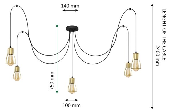 Luster na lanku TUBE LONG 5xE27/15W/230V čierna/zlatá