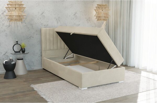 Béžová čalúnená jednolôžková posteľ s úložným priestorom s roštom 90x200 cm Bunny – Ropez